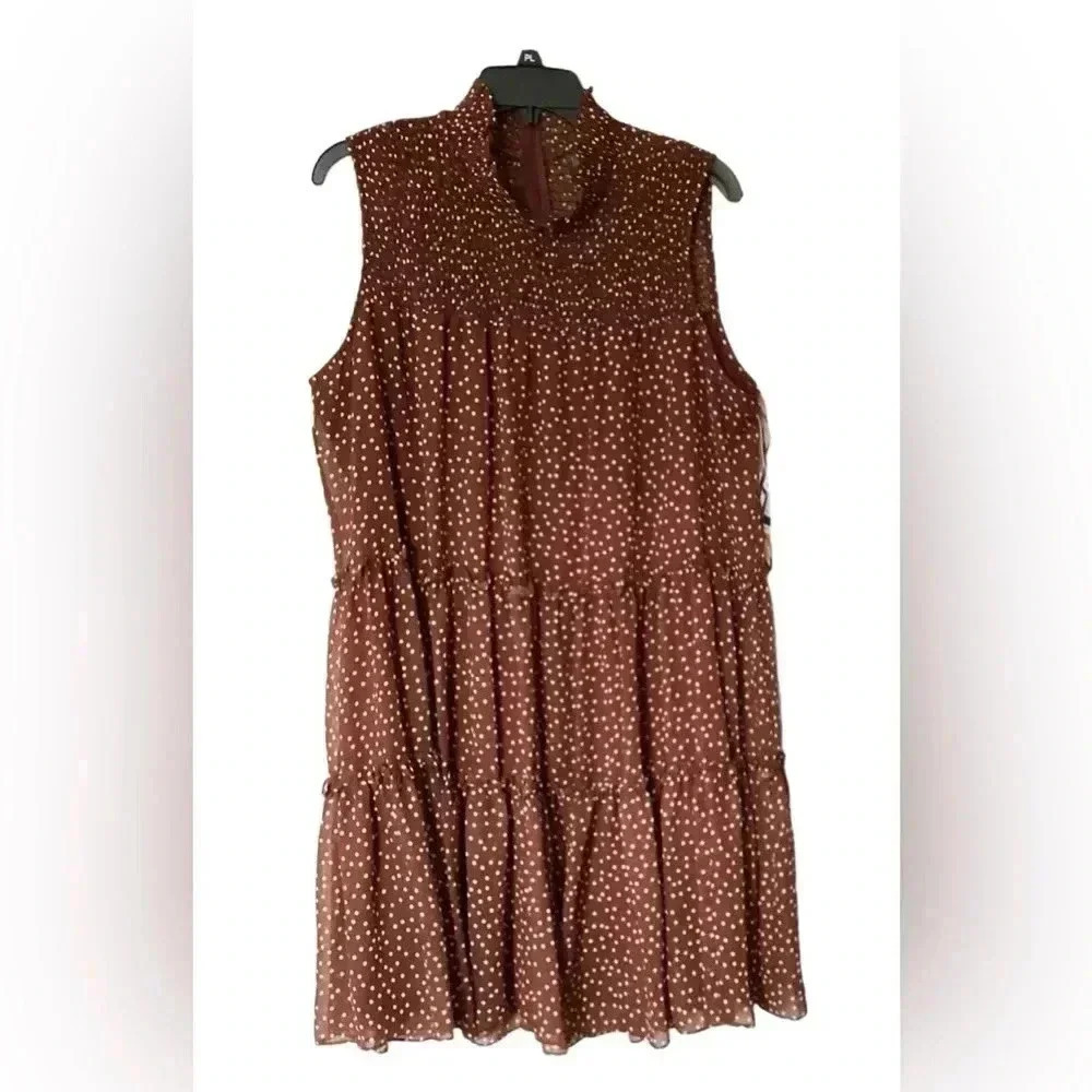 NWT Taylor Sleeveless Mock Neck Smocked Polka Dot Print A-line Chiffon Dress XL